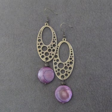 Pink mother of pearl shell and bronze earrings 