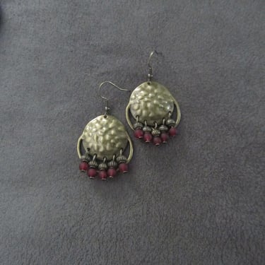 Red frosted glass and hammered bronze chandelier earrings 
