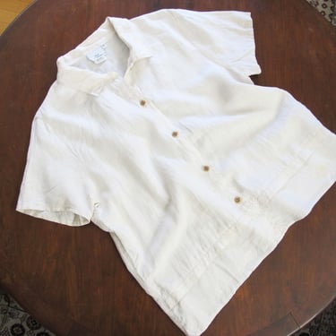 Vintage 90s White Linen Button Up Large - 1990s Hot Cotton Collared Natural Fiber Shirt - Minimalist Clothing 
