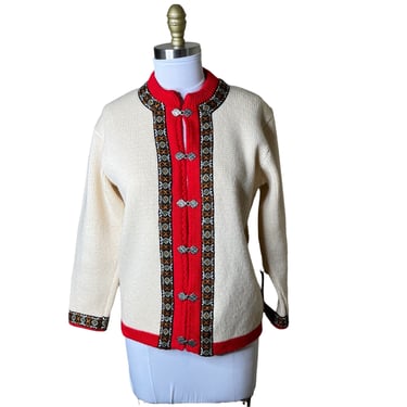 Vintage Gann Norway Nordic White Red Wool Cardigan Sweater, 40 
