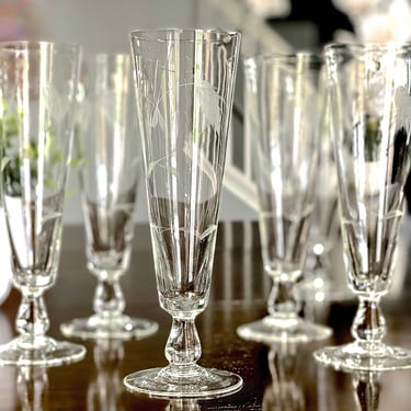 VINTAGE: 6pcs - Etched Wheat Pattern Crystal Pilsner Smooth Stem Glasses - Tall Beer Glasses - By Noritake Sasaki - SKU 00035366 