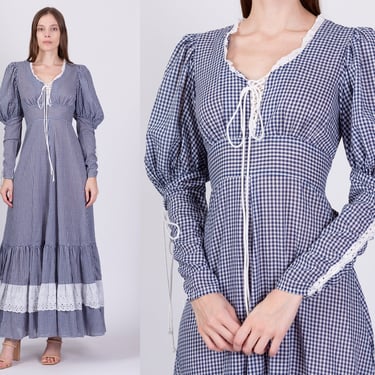70s Gunne Sax Gingham Prairie Maxi Dress - Small to Medium | Vintage Blue White Plaid Boho Puff Sleeve Victorian Gown 