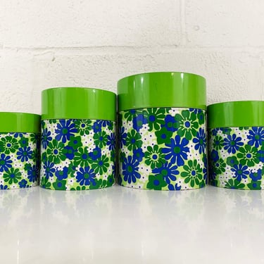 Vintage Flower Power Kitchen Canister Set of Four Green Blue White Floral Canisters Metal Jar Retro Kitchen Flowers Japan 1960s 
