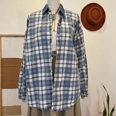 Vintage 90s Blue Cotton Plaid Oversized Long Sleeve Button Down Shirt - L 