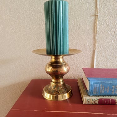 Large Vintage Etched Brass & Enamel Pillar Candleholder, made in India 