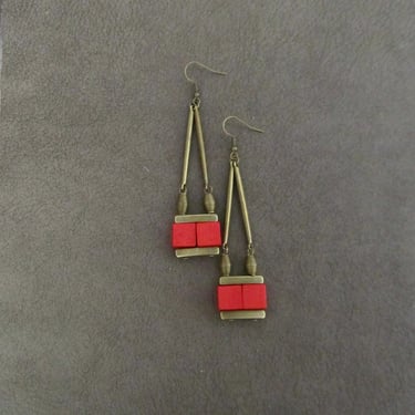 Geometric wooden earrings, bronze dangle earrings, Afrocentric jewelry, African earrings, red earrings, mid century modern earrings, 