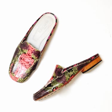 90s Vintage Snake Print Mules Shoes Slides Flats Size 7 Vintage Snake Print leather Shoes 7 By Sesto Meucci Made in Italy Pink Green Purple 