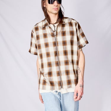 Brown/Cream Plaid Cotton Zip Camp Shirt