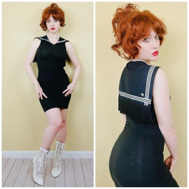 1980s Vintage Gaultier Junior (Jean Paul) Nautical Body Con Dress / 80s Sailor Fringe Mini / Size Medium 