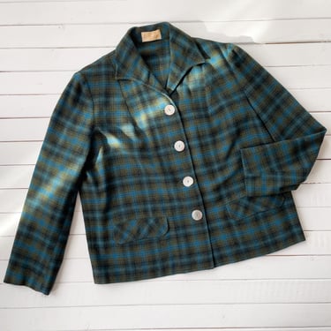 plaid wool jacket | 60s 70s vintage Pendleton blue green dark academia cottagecore cropped wool blazer 