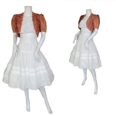 Italian 1980's White Cotton Ruffled Eyelet Prairie Skirt I Sz Med I Americanino 