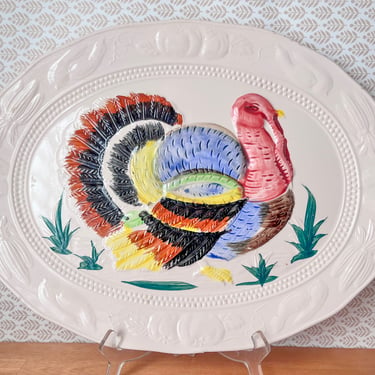 1960s Colorful Hand Painted Turkey Platter.  Mid Century Oval Turkey Platter.  Vintage Thanksgiving Tray Made in Japan. 