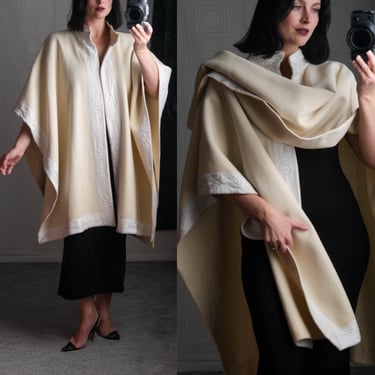 Vintage 70s KAZA SPORT PARIS Soft Cream Wool Cape w/ Ivory Baroque Satin Trim | Made in France | 100% Wool | 1970s French Designer Cape 