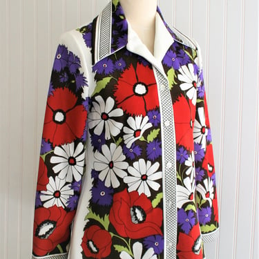 Mid Century Mod -  Floral Blouse - Shirt - Brookvalley by Fairfield - Marked size 34 - Medium 