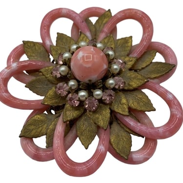 Miriam Haskell 60s Pink Slag Glass and Brass Brooch