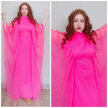 1970s Vintage Hot Pink Sheer Drama Sleeves / 70s Rhinestone Waist Polyester Knit Wiggle Maxi Gown / Size XL 