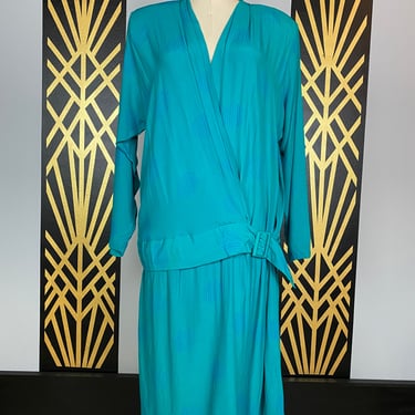 flapper style dress, vintage 80s dress, 80s does 20s, downton abbey, drop waist dress, turquoise rayon, dolman sleeves, 1980s dress, large 