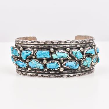 Native American Natural Turquoise Cluster Cuff In Sterling Silver, Old Pawn Jewelry, 5.75" L 