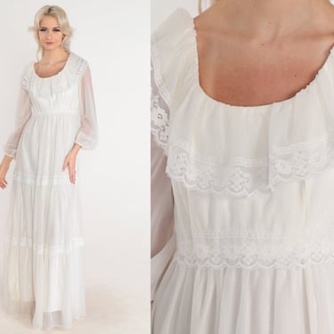 Long White Dress 70s Lace Trim Maxi Dress Ruffled Sheer Balloon Sleeve Tiered Empire Waist Bridal Romantic Elopement Gown Vintage 1970s XS 