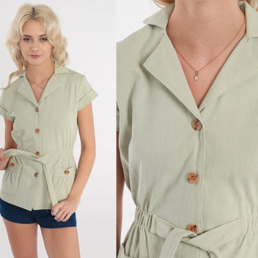 70s Button Up Shirt Pale Green Corduroy Blouse BELTED Blouse 1970s Short Sleeve Cargo Shirt Fitted Boho Vintage Hippie Bohemian Small xs s 