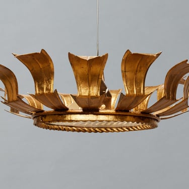 1940's Spanish Gilt Iron Hanging Light with a Frosted Lens
