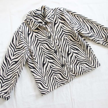 Vintage 90s 2000s Zebra Print Jacket  S M - Boxy Black Tan Animal Print Button Up Tapestry Jacket 