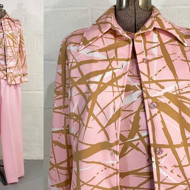 Vintage Pink Mod Pantsuit Jacket Dagger Collar Long Sleeve Pants Shirt Separates Alex Garay Large 1970s 