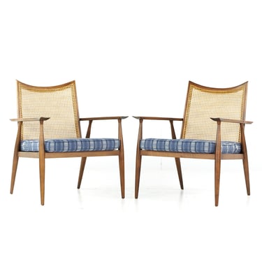 Paul McCobb for Winchendon Mid Century Cane and Walnut Lounge Chairs - Pair - mcm 