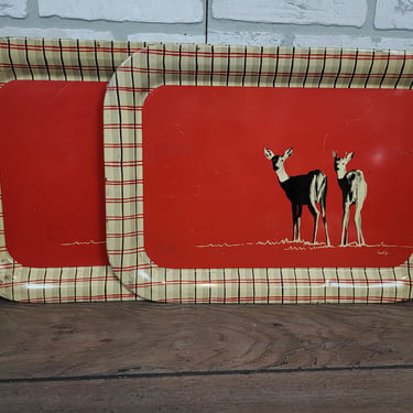 Set of 2 Vintage Red and Yellow Plaid Deer Buck and Doe Metal Lap Trays 