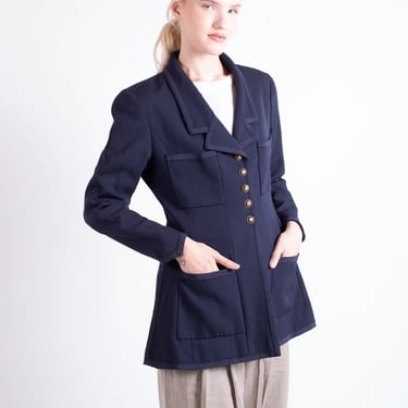 Vintage CHANEL 1993 Navy Baby Blue Virgin Wool Jacket with Gold CC Logo Buttons + Grosgrain Trim Blazer Coat sz FR 42 xs s m 90s Coat 
