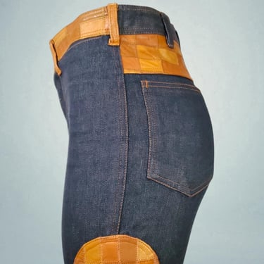 RESERVED. 1970s side saddle jeans vintage leather patchwork kick flares mid rise hippie Woodstock era (30 x 32) 