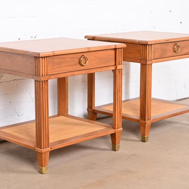 Baker Furniture French Regency Louis XVI Walnut and Cane Nightstands or Side Tables, Newly Refinished