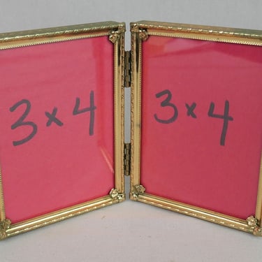 Vintage Hinged Double Picture Frame - Gold Tone Metal w/ Glass - Nice Decorative Corners - 3