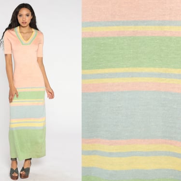 70s Column Dress Pastel Peach Maxi Dress Blue Green Yellow Striped Ringer V Neck Bohemian 1970s Day Dress Boho Vintage Short Sleeve Small S 