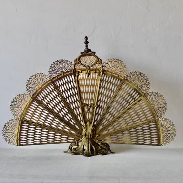 Vintage French Brass Peacock Tail Folding Fireplace Screen 