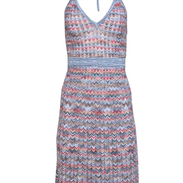 BCBG Max Azria - Blue & Multicolor Chevron Ribbed Knit Halter Dress Sz XS