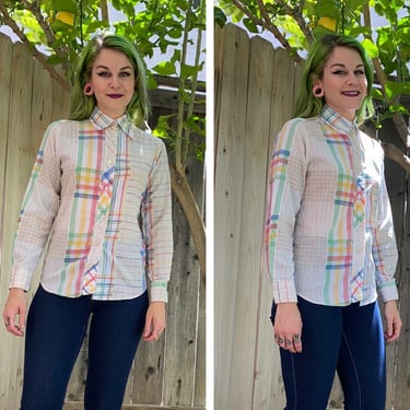 Vintage 1970’s White Blouse with Colorful Plaid Print 