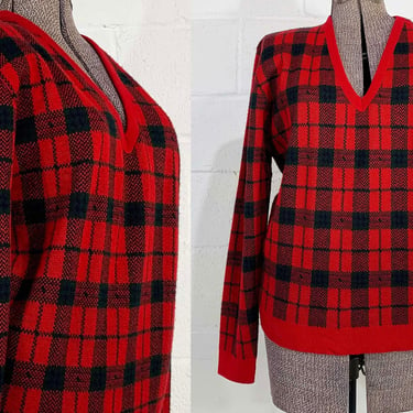 Vintage Royal Jeff Red Plaid V-Neck Sweater Ski Pullover Long Sleeve Knit Twin Peaks Fair Isle Hygge Medium Large XL 1960s 1970s 