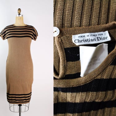 80s Christian Dior Ribbed Cotton Dress / Brown tan and Black / Size S/M 