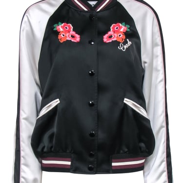 Coach - Black &amp; White Satin Bomber Jacket w/ Floral Embroidery Sz M