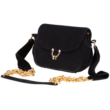 Jeanne Teres 1960s Vintage Black Suede Ribbon & Chain Strap Crossbody Bag 