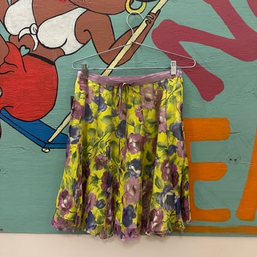 Y2K purple and green floral silk skirt / slip skirt / fluttery / sheer overlay / size 8 / deadstock / medium / 00s / satc / chartreuse / m 