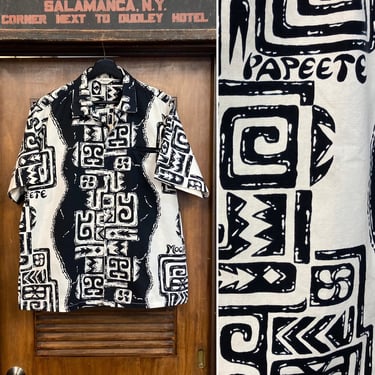 Vintage 1960’s Size XL Black x White Cotton Tiki Loop Collar Pop Art Mod Hawaiian Shirt, 60’s Vintage Clothing 