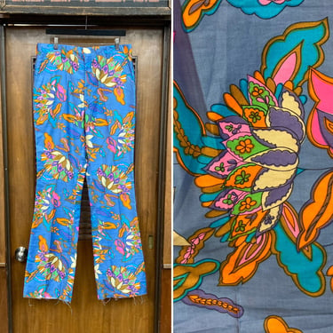 Vintage 1960’s -Deadstock- w34 Mod Floral Print Psychedelic Polished Cotton Flat Front Pants Trousers, 60’s Vintage Clothing 