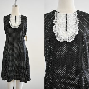 1960s NOS Black Polka Dot Dress with Lace Jabot Neckline 