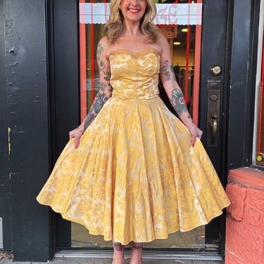 Vintage 1950s Fred Pearling gold party dress