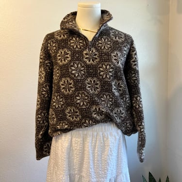 90s Brown Granola Girl Plush Fuzzy Pullover Floral Folk Sweater Size SM/MED 