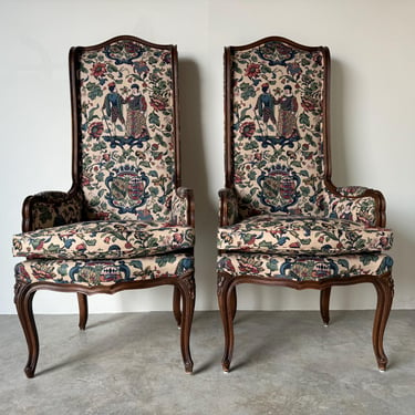 Vintage Hollywood Regency Louis XV-Style High-Back Carved Wood Accent Chairs - A Pair 