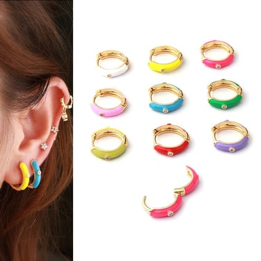 E121 Huggie Colorful Neon Enamel Gold Hoop Earrings, yellow Huggie Earrings Multi Color Small Huggies, color hoops, color earrings, gift for 