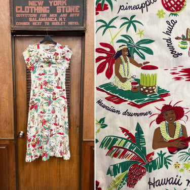 Vintage 1940’s Cartoon Natives Pattern Cotton Holo Muu Hawaiian Dress, 1940’s Dress, Cartoon Print, Vintage Hawaiian, Tiki Dress, Novelty, 